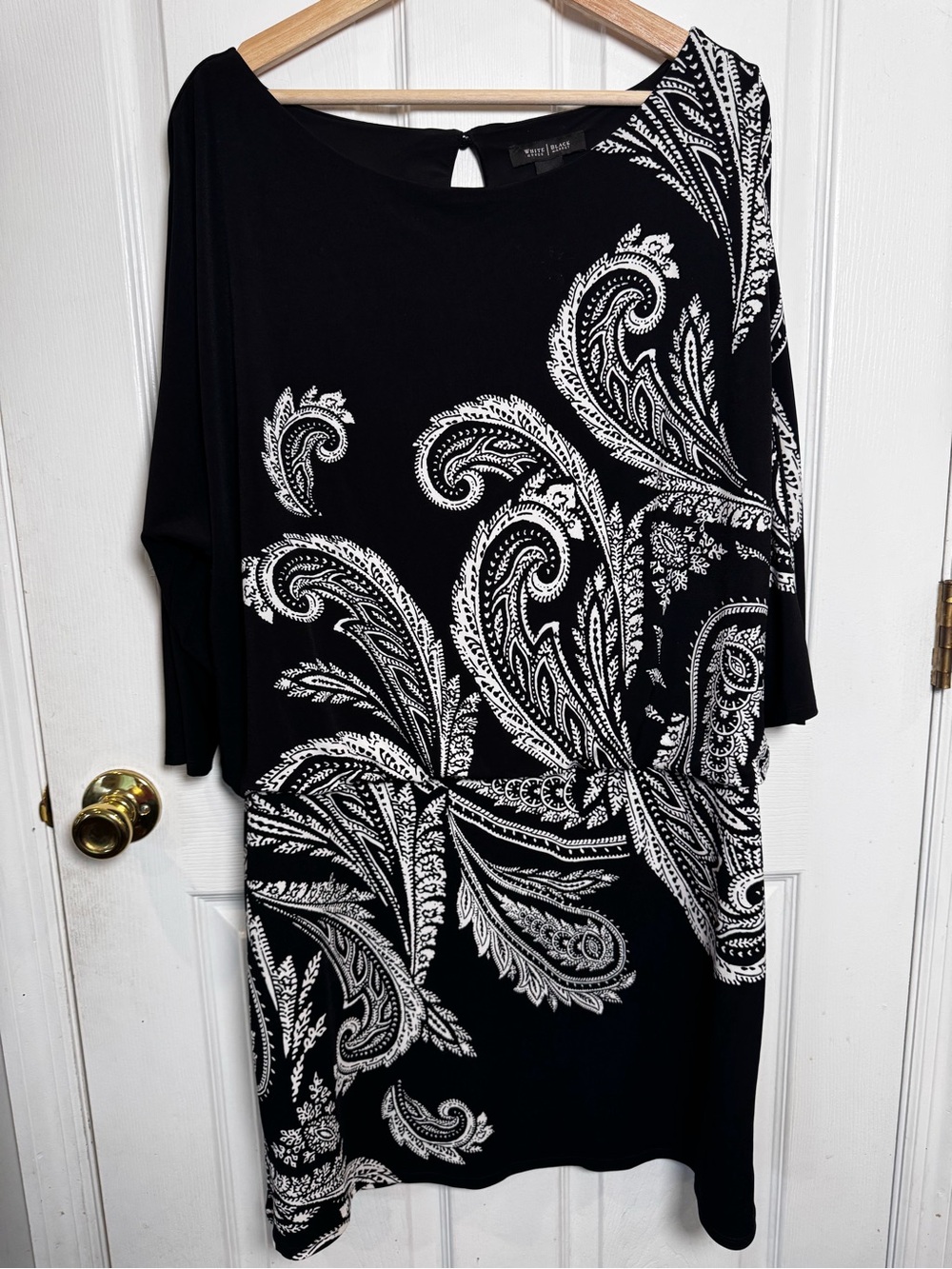 White House Black Market Black White Paisley Blouson Dress XL Wedding Guest